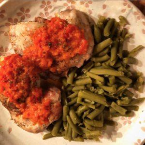Pan-seared Chicken with a Red Pepper Sauce from Blue Dog Farm
